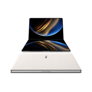 HUAWEI MateBook Fold color Blanco Cielo, abierto mostrando la pantalla OLED de 18 pulgadas y su parte trasera