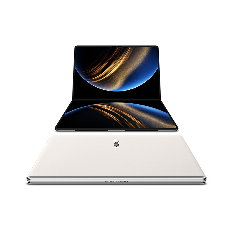 HUAWEI MateBook Fold color Blanco Cielo, abierto mostrando la pantalla OLED de 18 pulgadas y su parte trasera