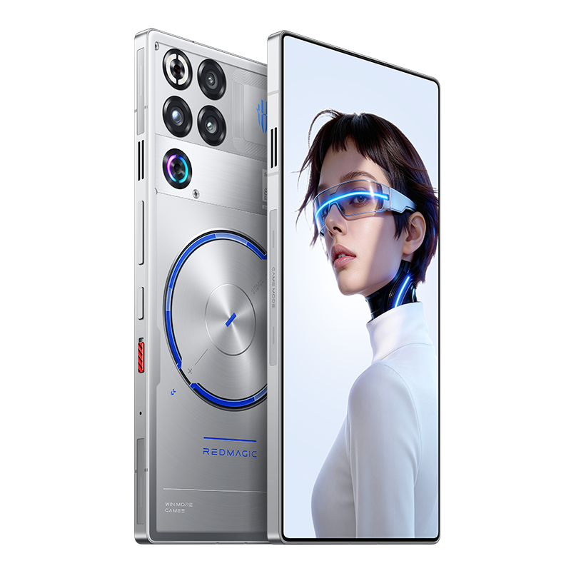 RedMagic 11S Pro+ Plata Transparente en ángulo, con botones shoulder para gaming y ventilador integrado