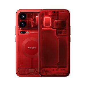 Xiaomi 18 Pro Max Edición Especial color Rojo Transparente, trasera con componentes visibles y cámaras Leica